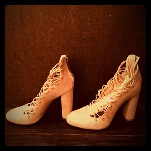 Monique Lhuillier - nude suede chunky heel shoes